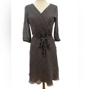 Banana Republic Size 6 Brown Print Silk Flowy Faux-Wrap V-neck Lined Dress.